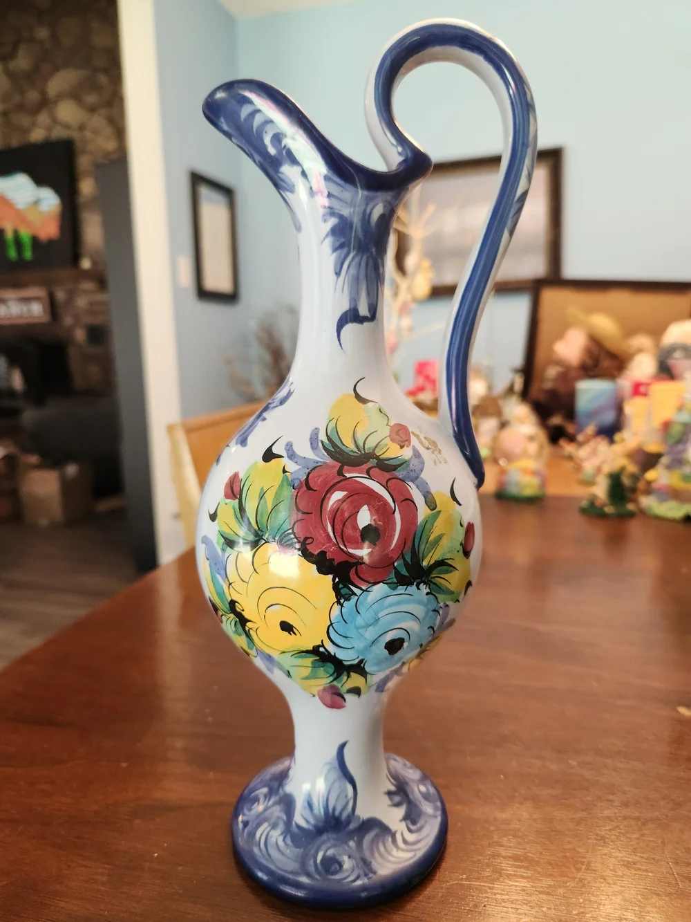 Potuguese Hand-Painted Blue Floral Ceramic Ewer - Elegant Home Accent